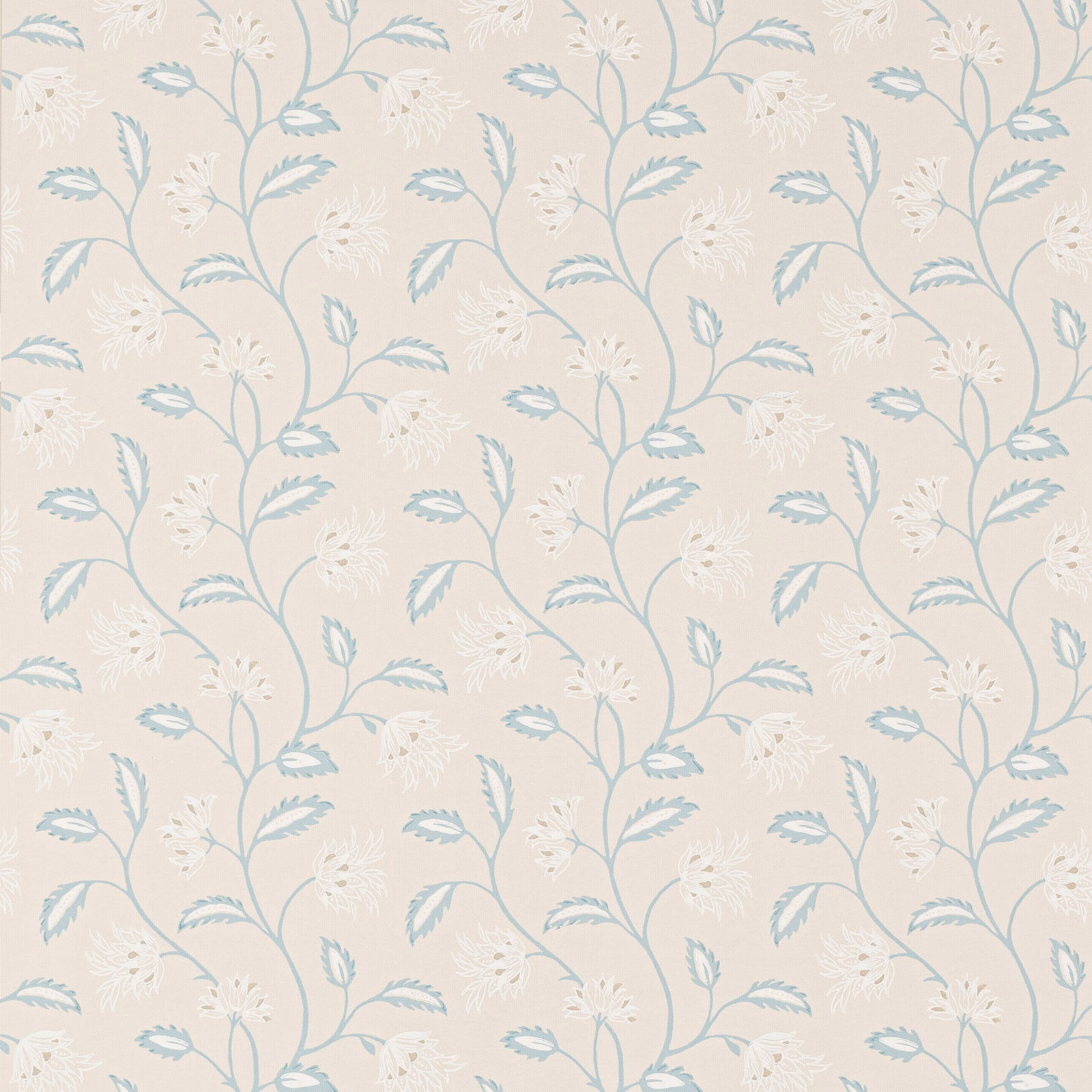 Pale blue botanical stems and white flowers on a warm cream wallpaper ground