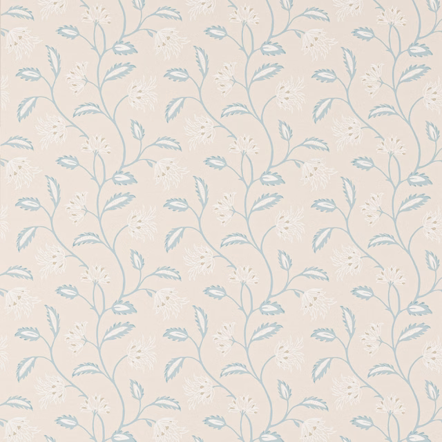 Pale blue botanical stems and white flowers on a warm cream wallpaper ground