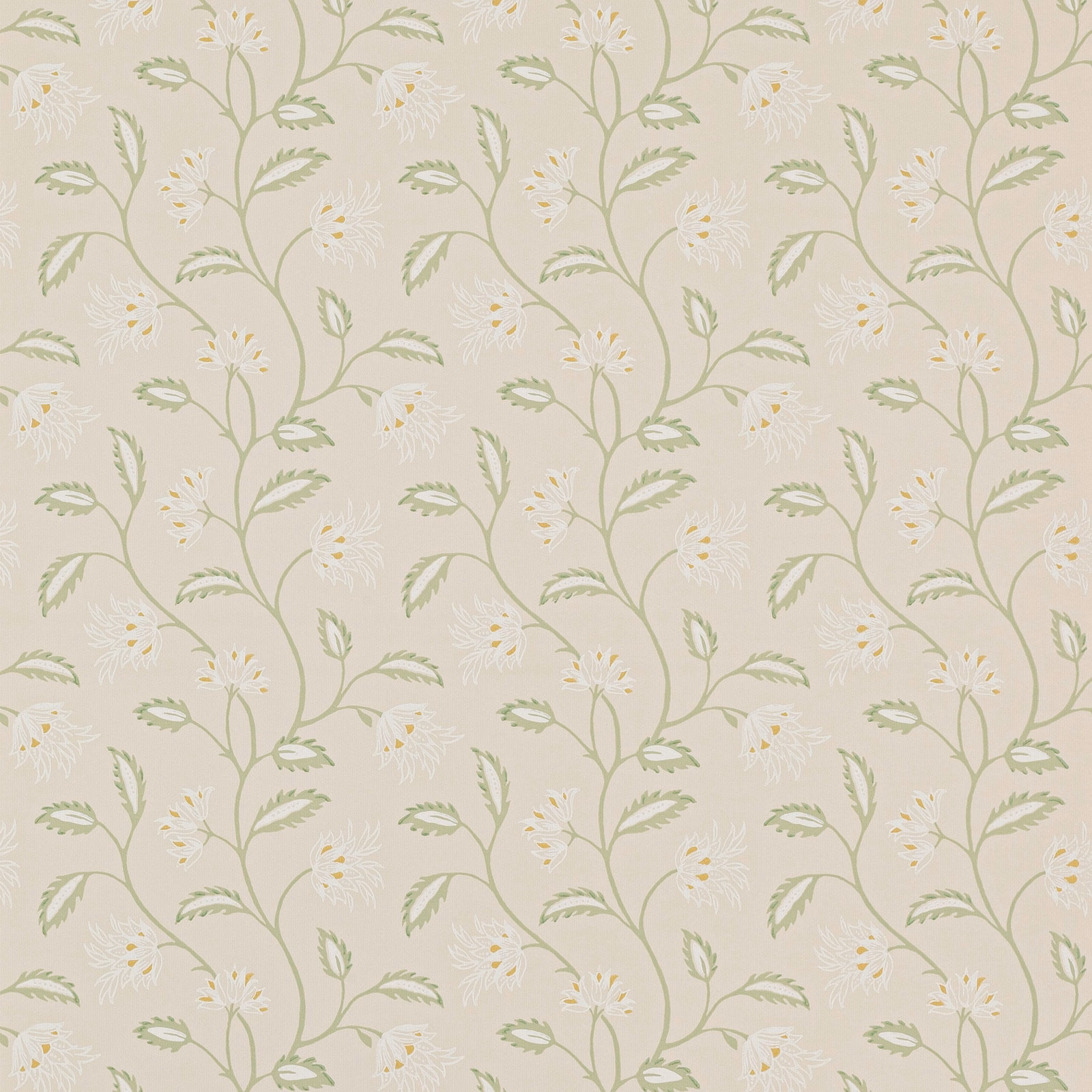 Cream wallpaper with muted leaf-green stems, serrated leaves and tiny ivory flowers