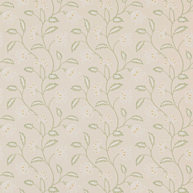 Cream wallpaper with muted leaf-green stems, serrated leaves and tiny ivory flowers