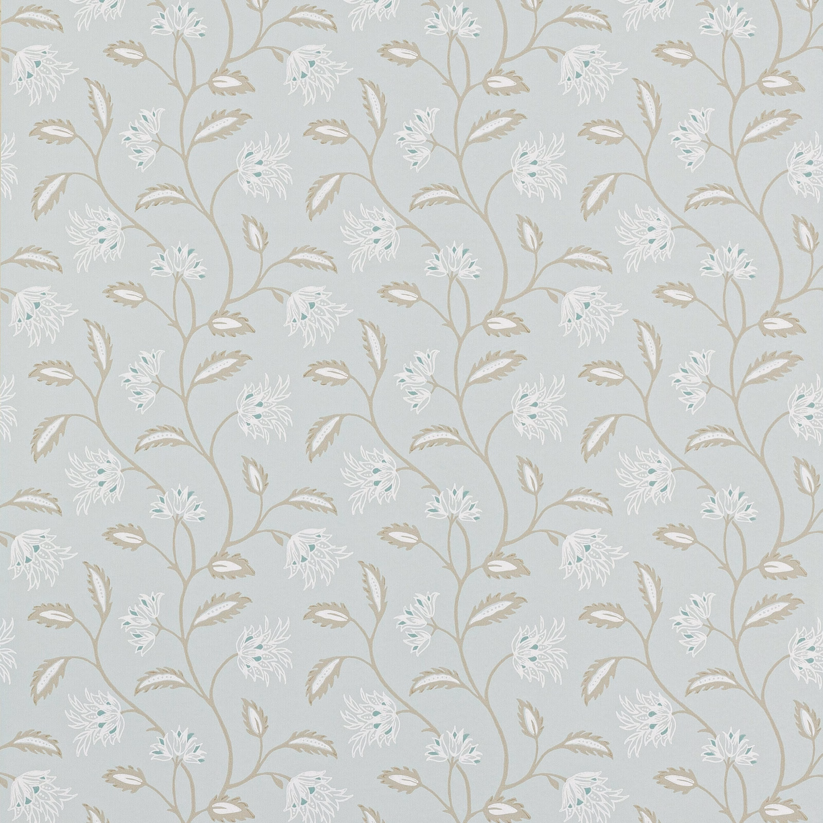 Muted blue-grey wallpaper with ivory flowers and taupe trailing botanical stems