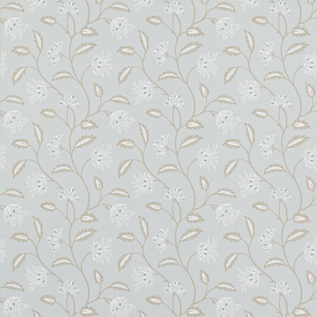 Muted blue-grey wallpaper with ivory flowers and taupe trailing botanical stems