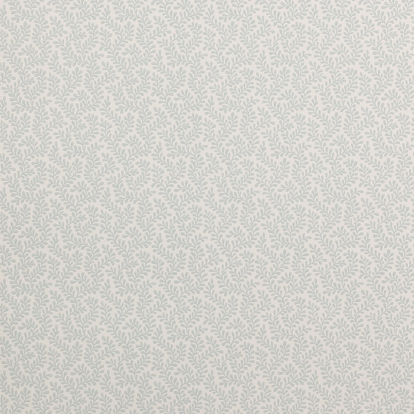 Pale aqua leafy sprig wallpaper on a warm ivory ground, shown in close detail