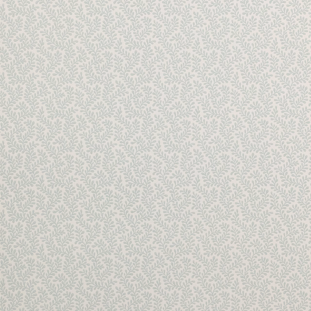 Pale aqua leafy sprig wallpaper on a warm ivory ground, shown in close detail