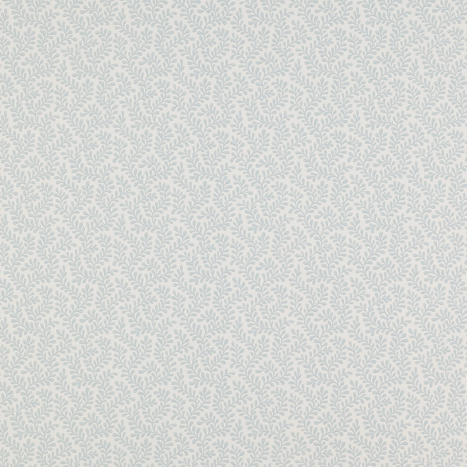 Pale old-blue wallpaper with a dense repeat of delicate leafy sprigs