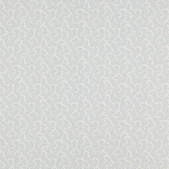Pale old-blue wallpaper with a dense repeat of delicate leafy sprigs