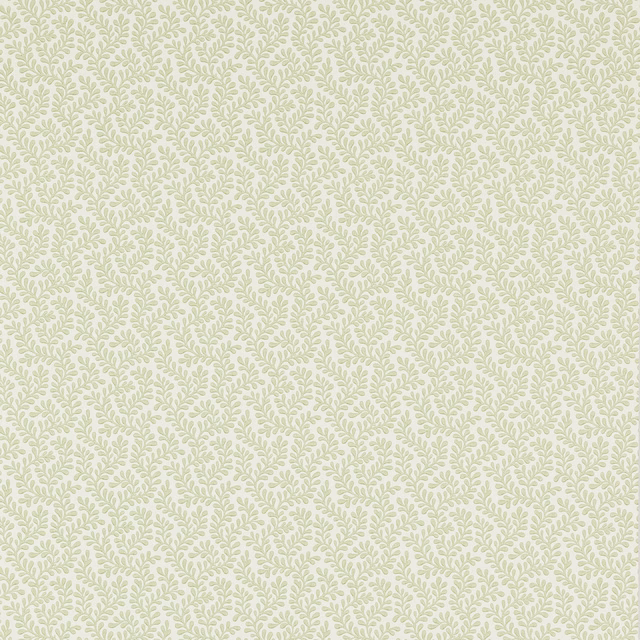Pale sage green leafy sprigs on an ivory ground in a small botanical repeat