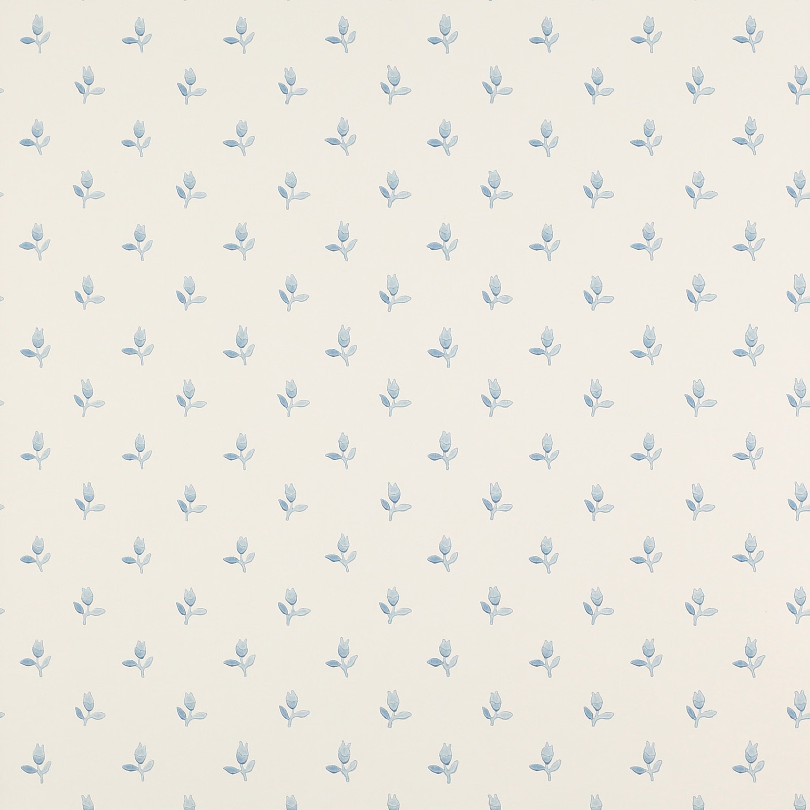Cream wallpaper with evenly spaced muted blue botanical sprigs in a small repeat