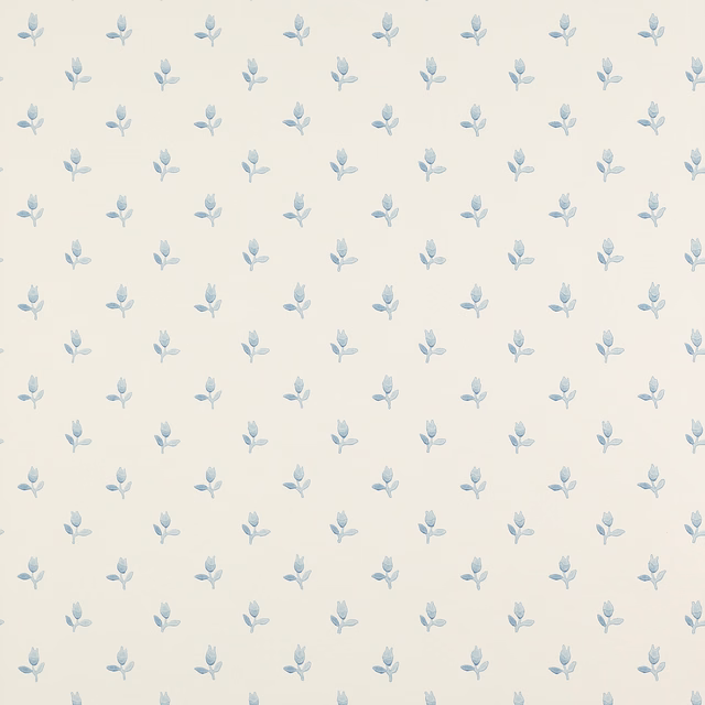 Cream wallpaper with evenly spaced muted blue botanical sprigs in a small repeat