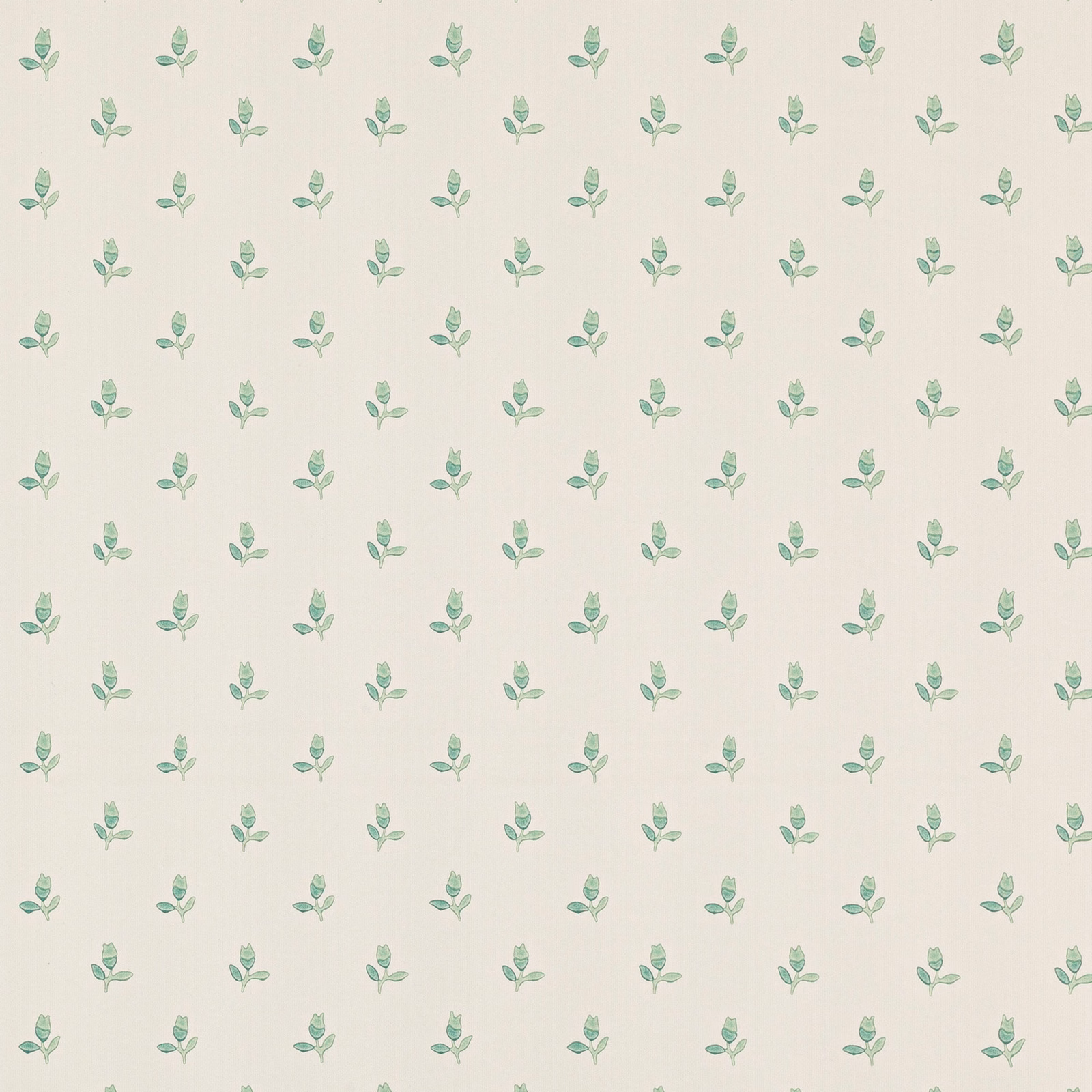 Ivory wallpaper with evenly spaced small muted forest green leafy sprigs