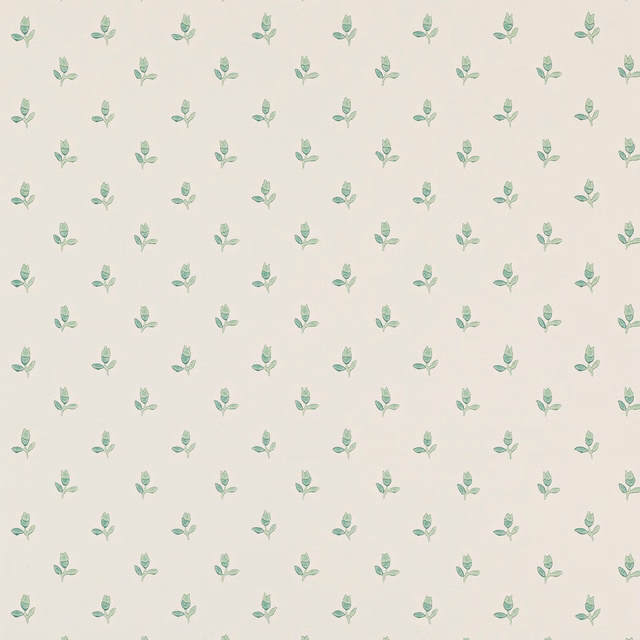 Ivory wallpaper with evenly spaced small muted forest green leafy sprigs