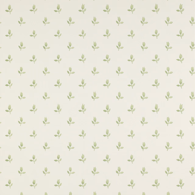 Pale sage leaf sprigs scattered across a soft cream wallpaper ground