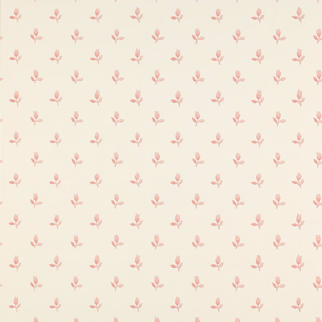 Warm ivory wallpaper with evenly spaced muted dusty-pink botanical sprigs