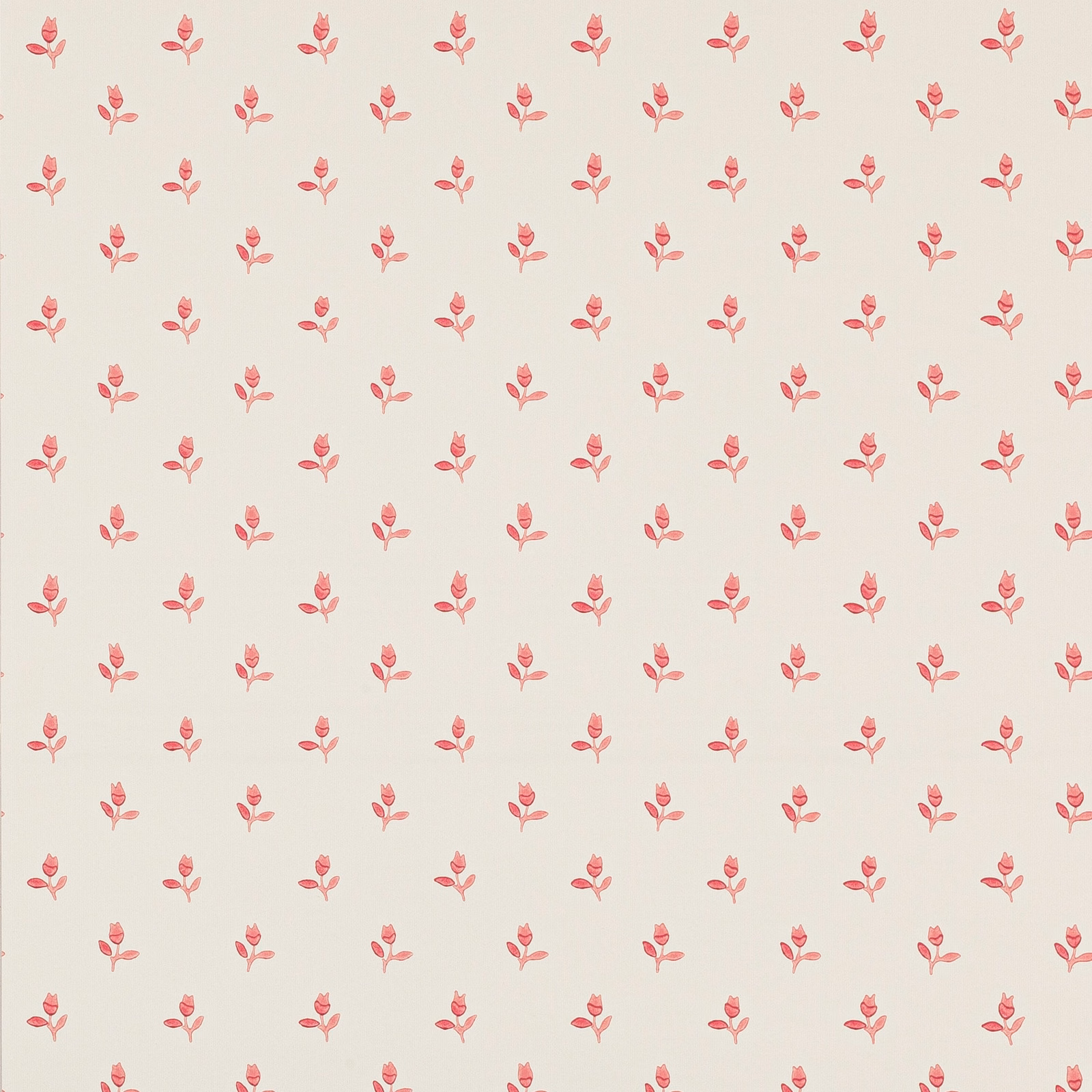 Small raspberry-pink floral sprigs spaced across an ivory wallpaper ground