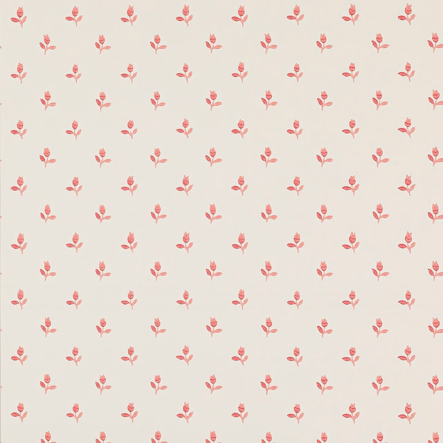 Small raspberry-pink floral sprigs spaced across an ivory wallpaper ground