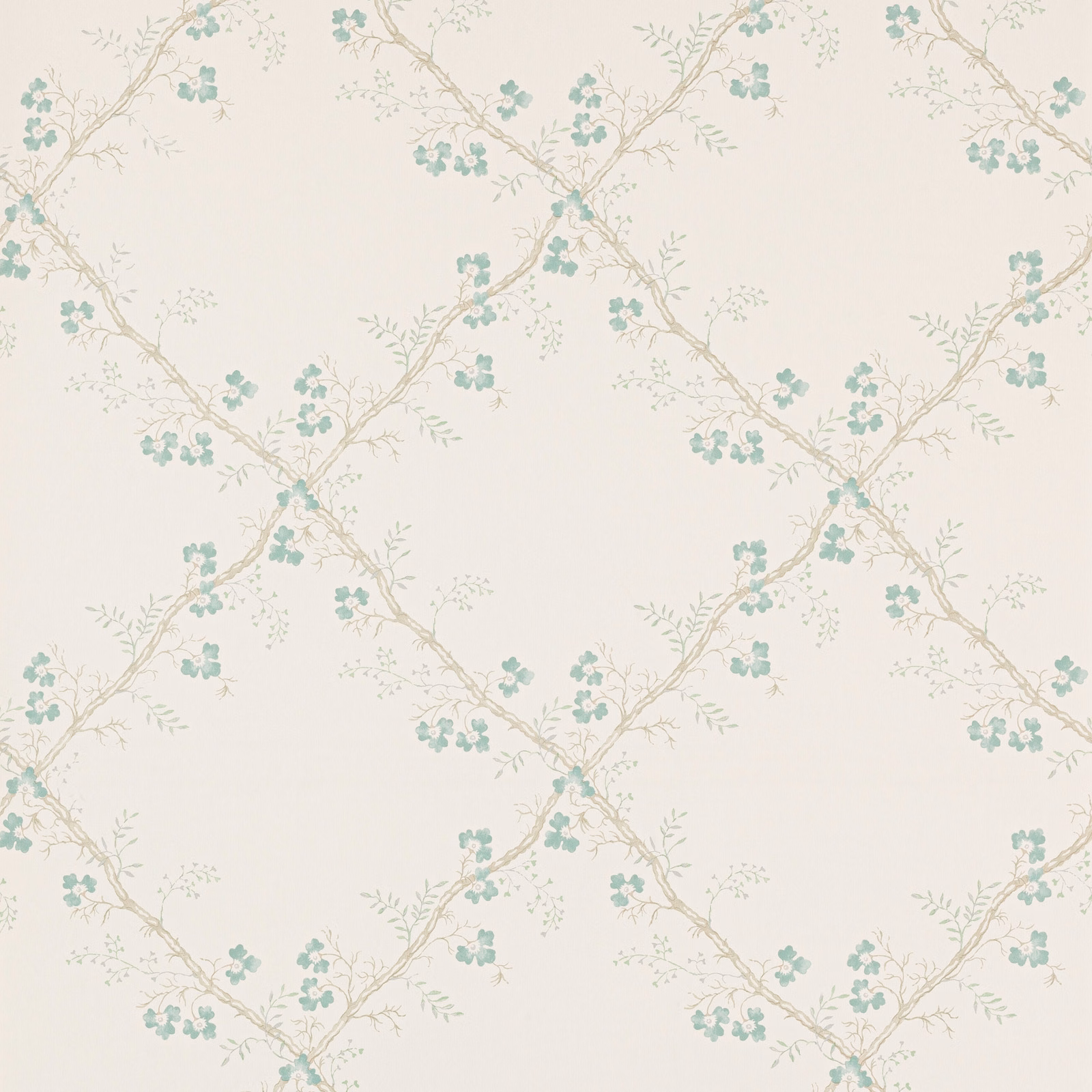 Pale aqua trellis vines with small blossoms across an ivory wallpaper ground