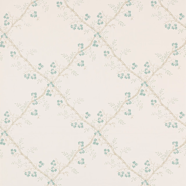 Pale aqua trellis vines with small blossoms across an ivory wallpaper ground