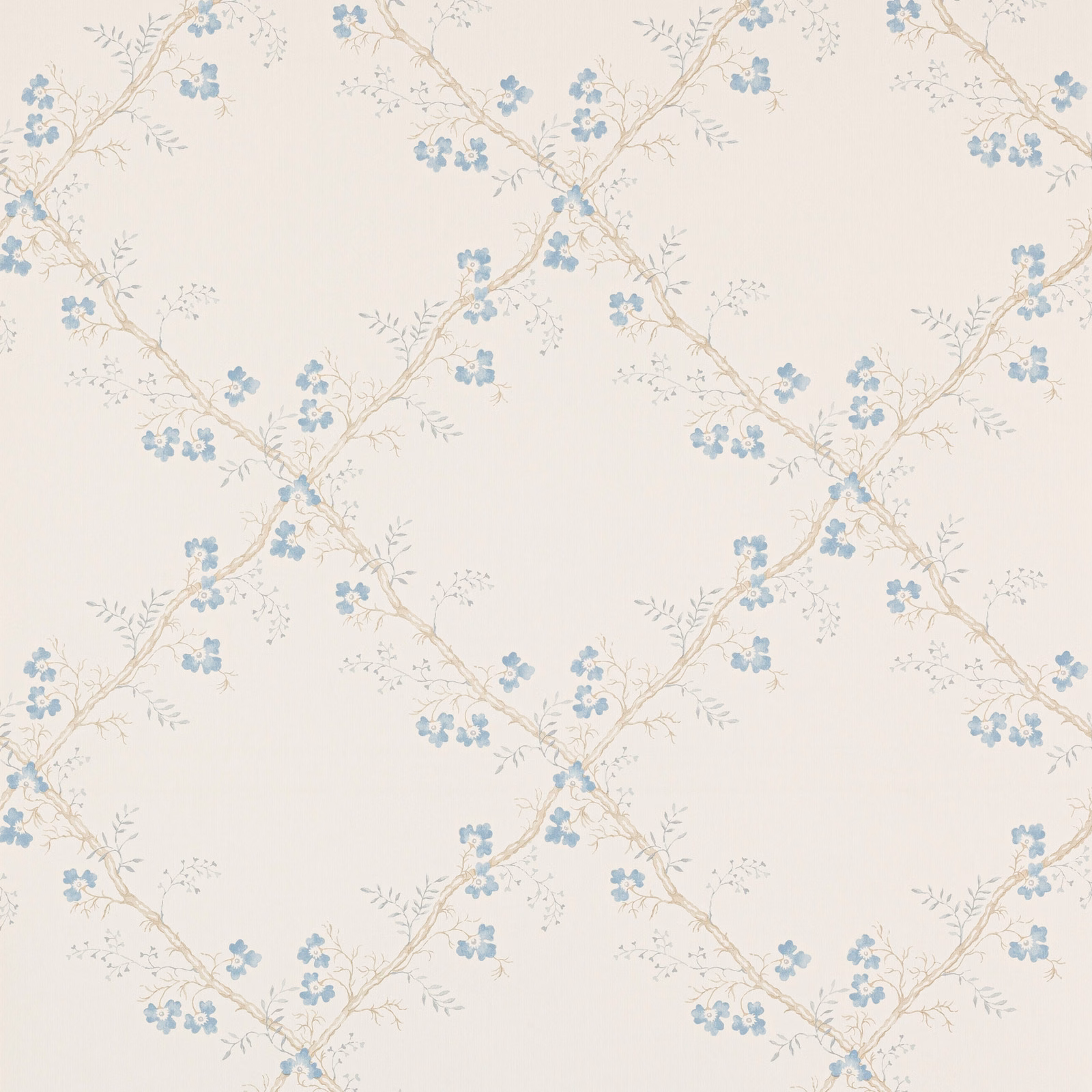 Ivory wallpaper with powder-blue flower clusters, beige trellis branches and tiny leaves
