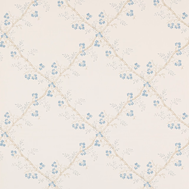 Ivory wallpaper with powder-blue flower clusters, beige trellis branches and tiny leaves