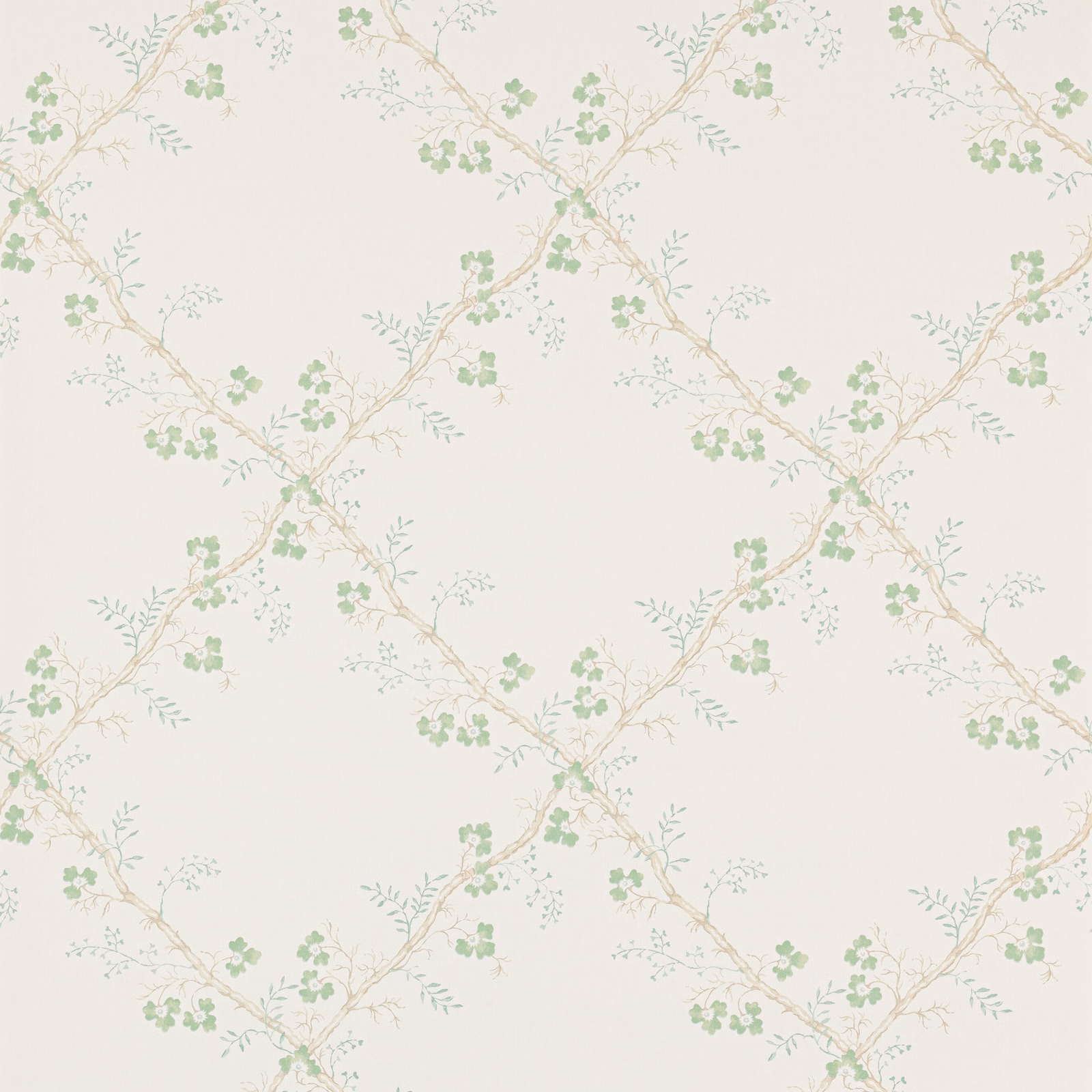 Pale celadon trellis vines with peach stems on a warm ivory wallpaper ground