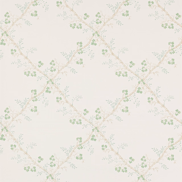Pale celadon trellis vines with peach stems on a warm ivory wallpaper ground