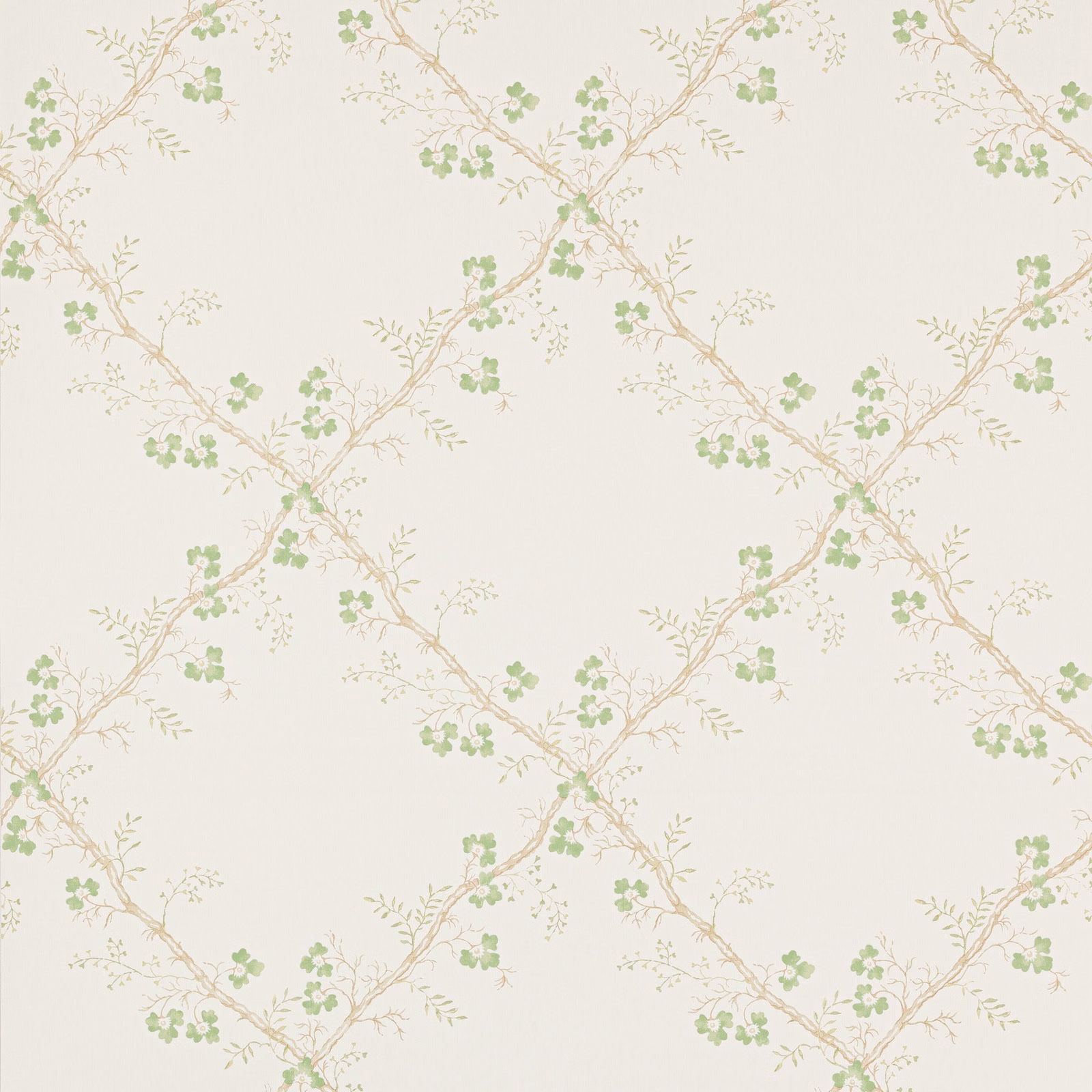 Pale cream wallpaper with diagonal branches and soft green leaf clusters