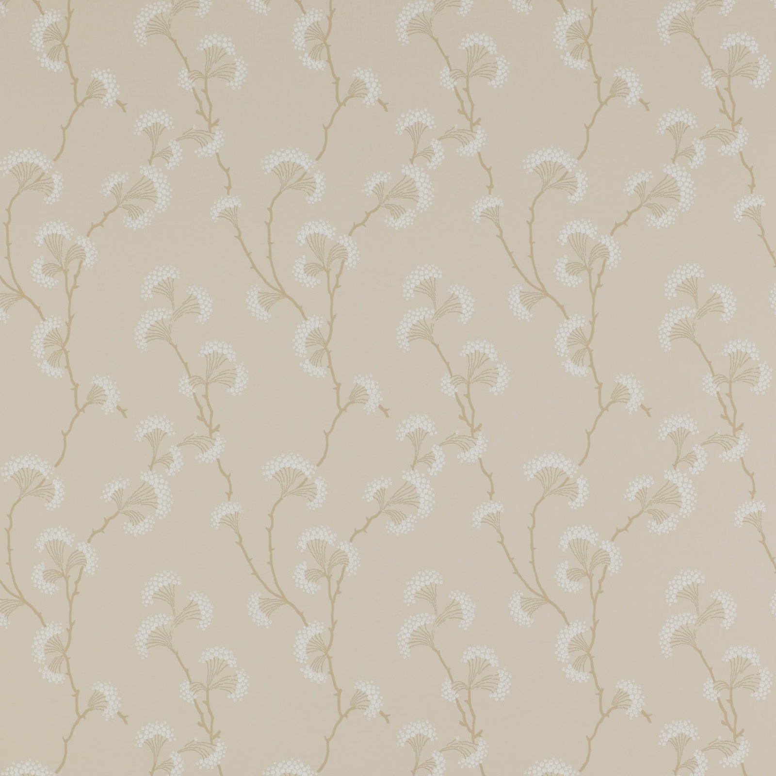 Cream wallpaper with ivory fan-shaped flowers and fine taupe trailing stems