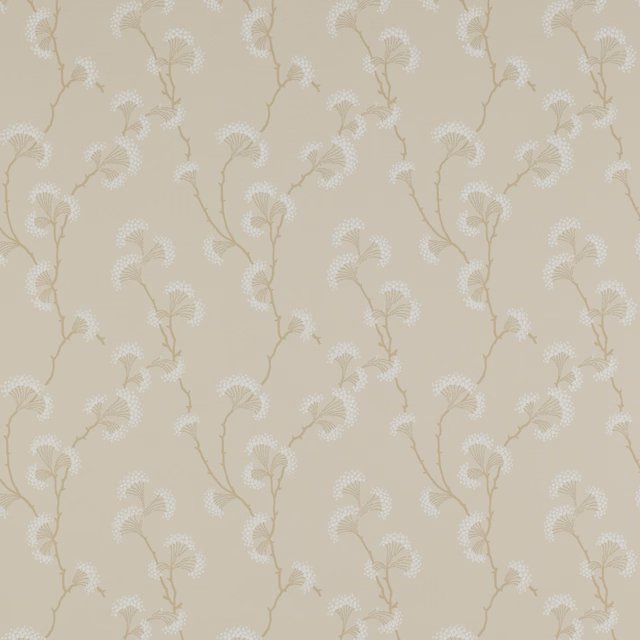 Cream wallpaper with ivory fan-shaped flowers and fine taupe trailing stems