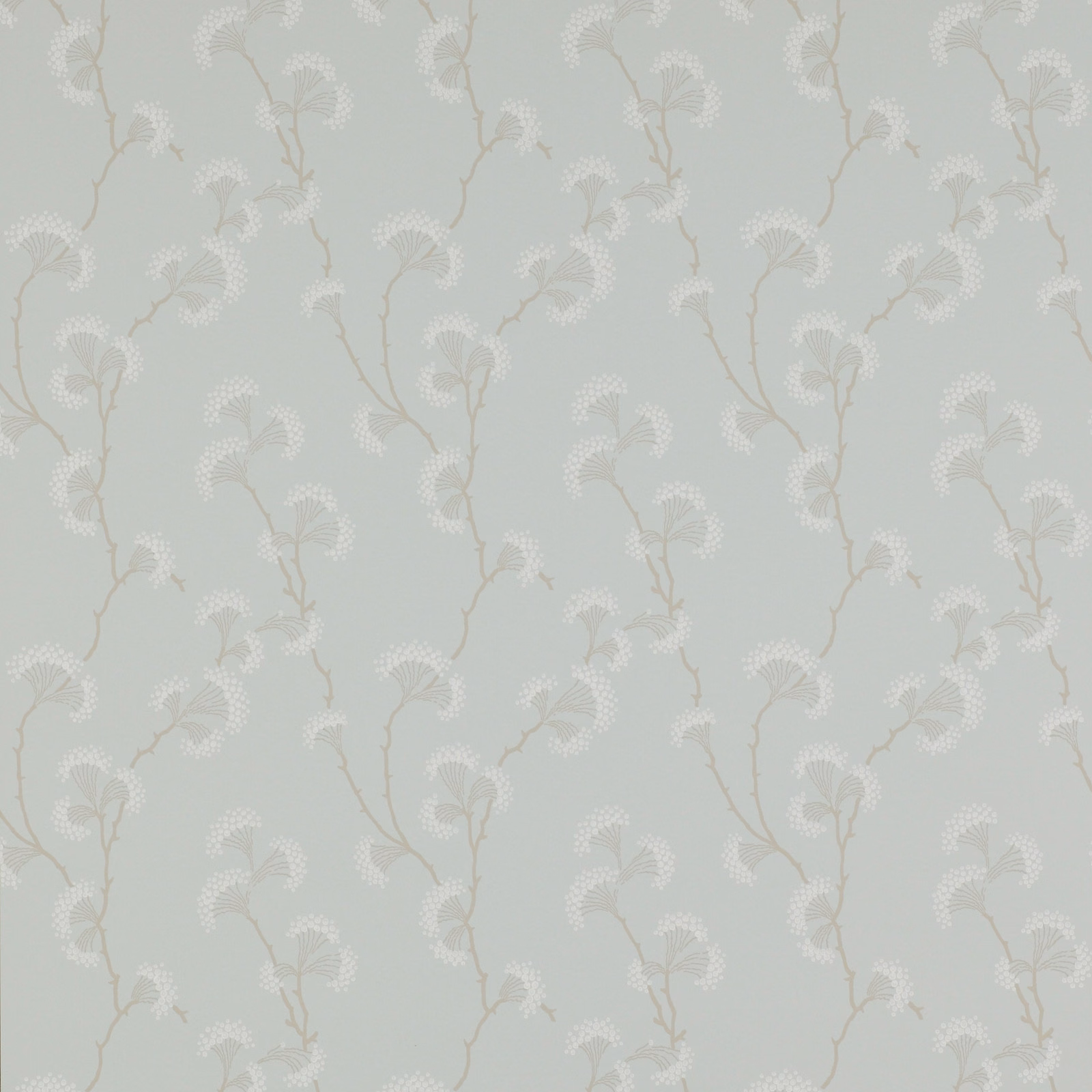 Pale blue-grey wallpaper with ivory fan leaves and winding taupe botanical stems