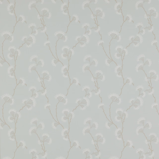 Pale blue-grey wallpaper with ivory fan leaves and winding taupe botanical stems