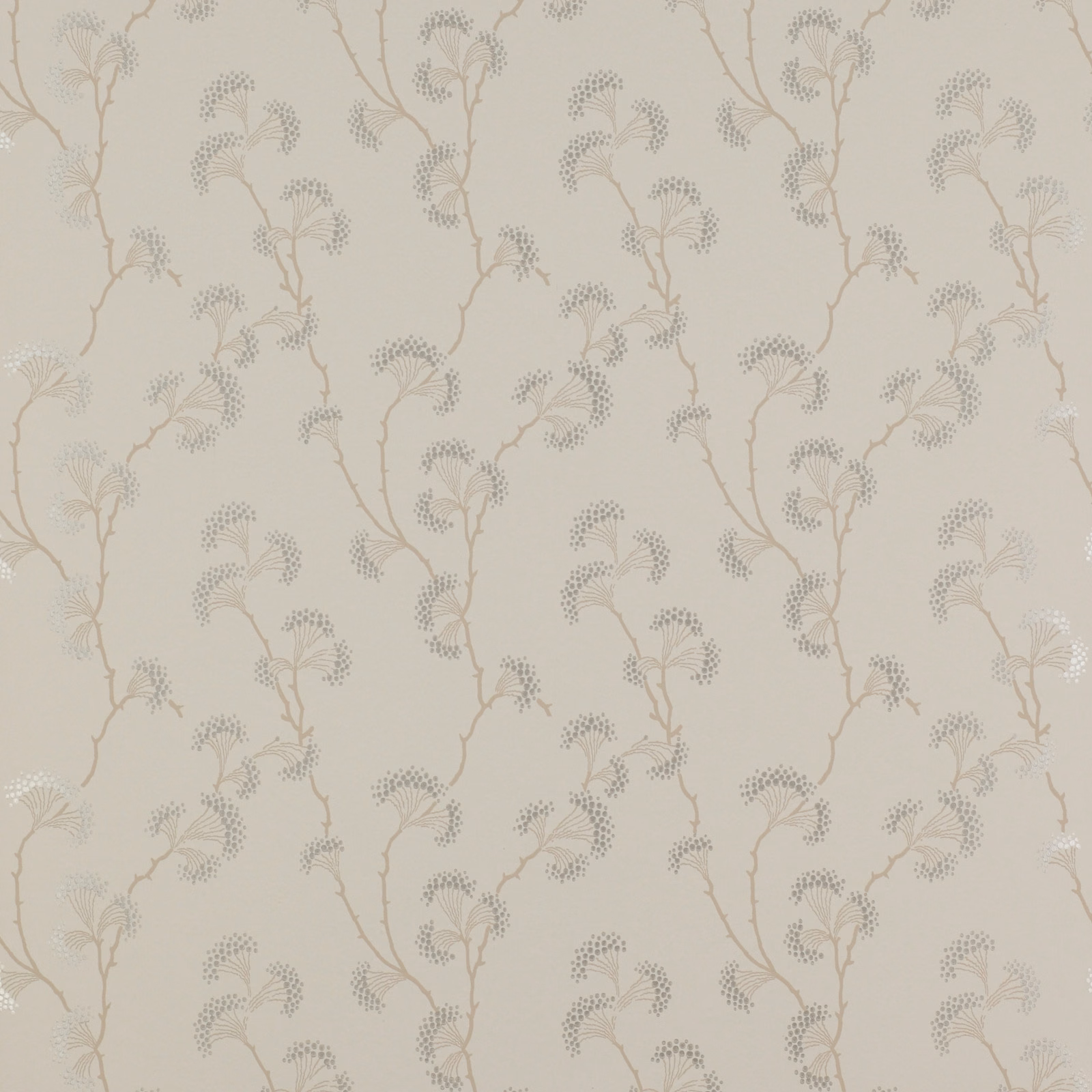 Pale stone wallpaper with taupe branching stems and dotted fern-like leaves