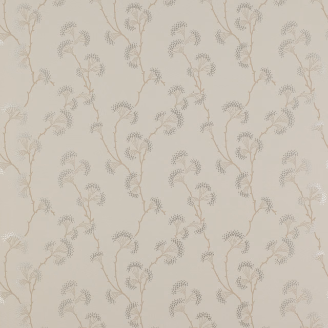 Pale stone wallpaper with taupe branching stems and dotted fern-like leaves