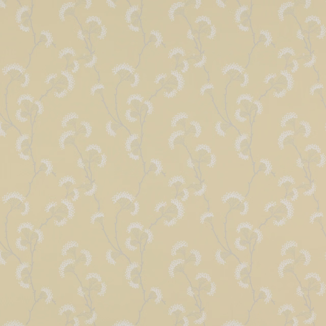 Pale yellow wallpaper with white curling botanical sprigs and faint grey stems