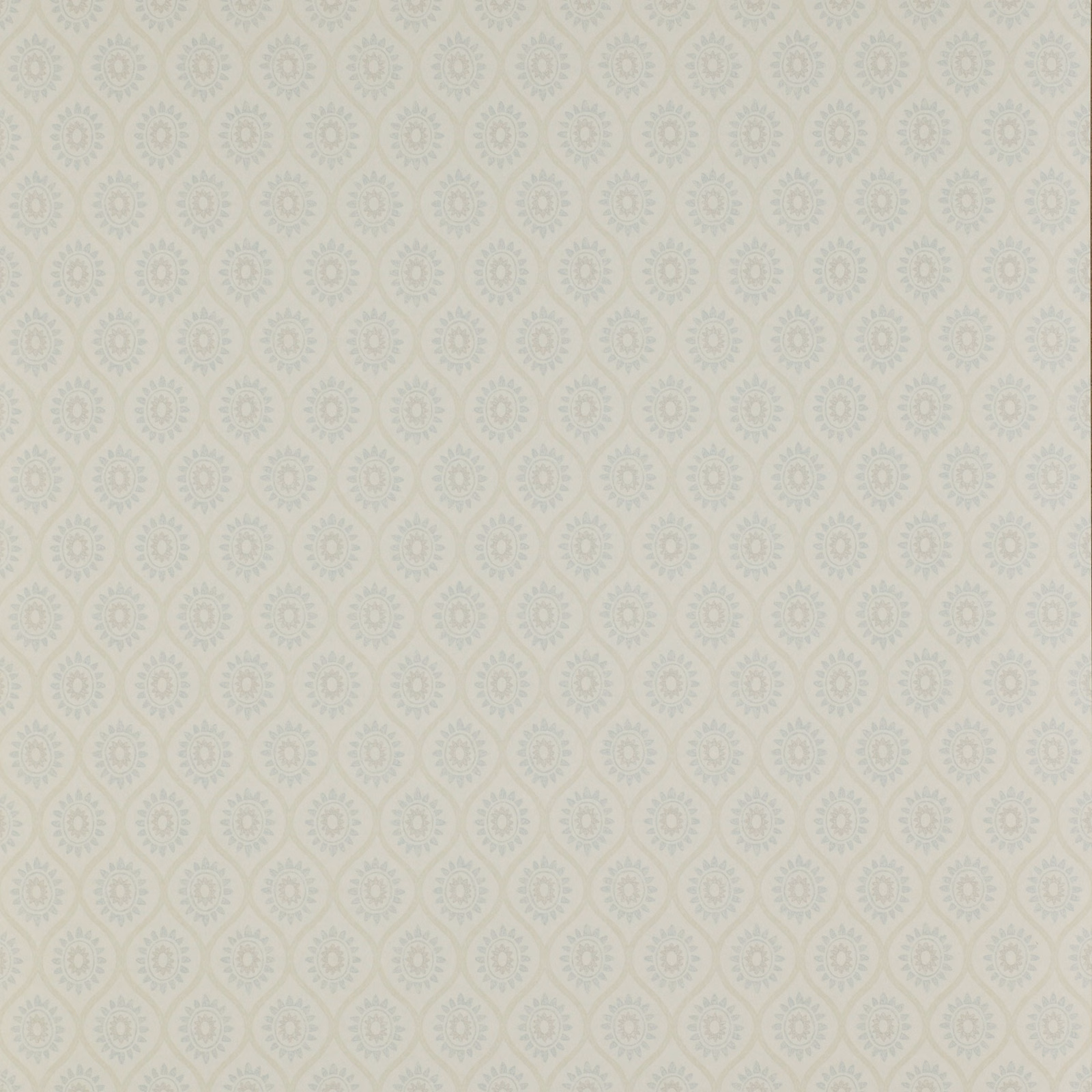 Pale blue damask medallions repeating across a softly textured cream paper ground