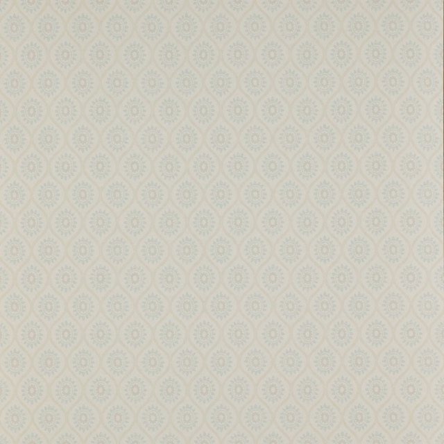 Pale blue damask medallions repeating across a softly textured cream paper ground