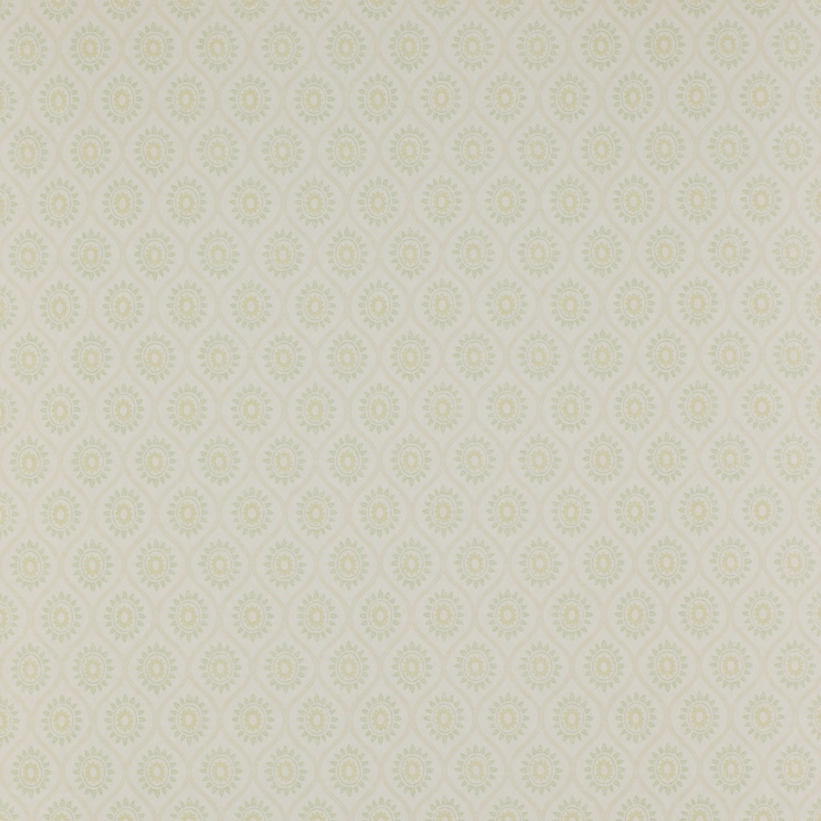 Small pale sage leaf motifs repeating across a warm cream wallpaper ground