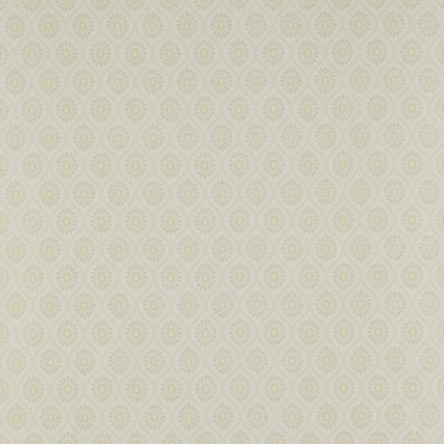 Small pale sage leaf motifs repeating across a warm cream wallpaper ground
