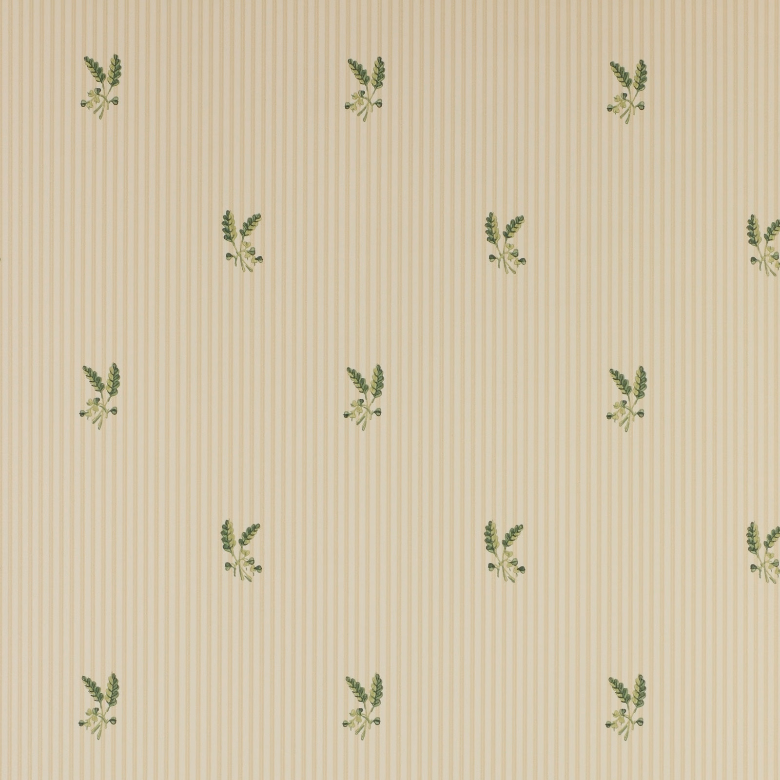 Warm beige wallpaper with fine vertical stripes and scattered muted green leafy sprigs