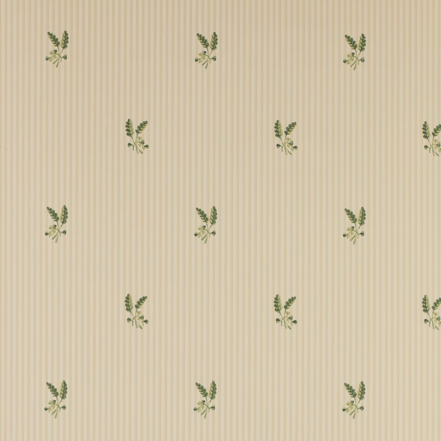 Warm beige wallpaper with fine vertical stripes and scattered muted green leafy sprigs