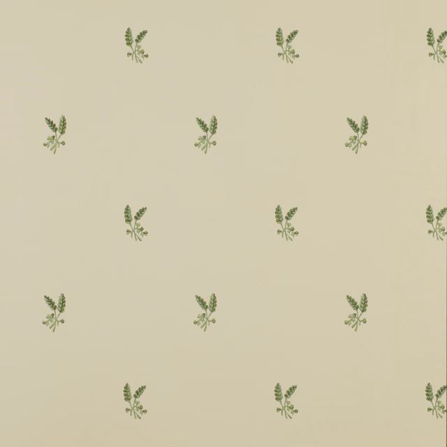 Pale putty wallpaper with evenly spaced muted fern-green botanical sprigs