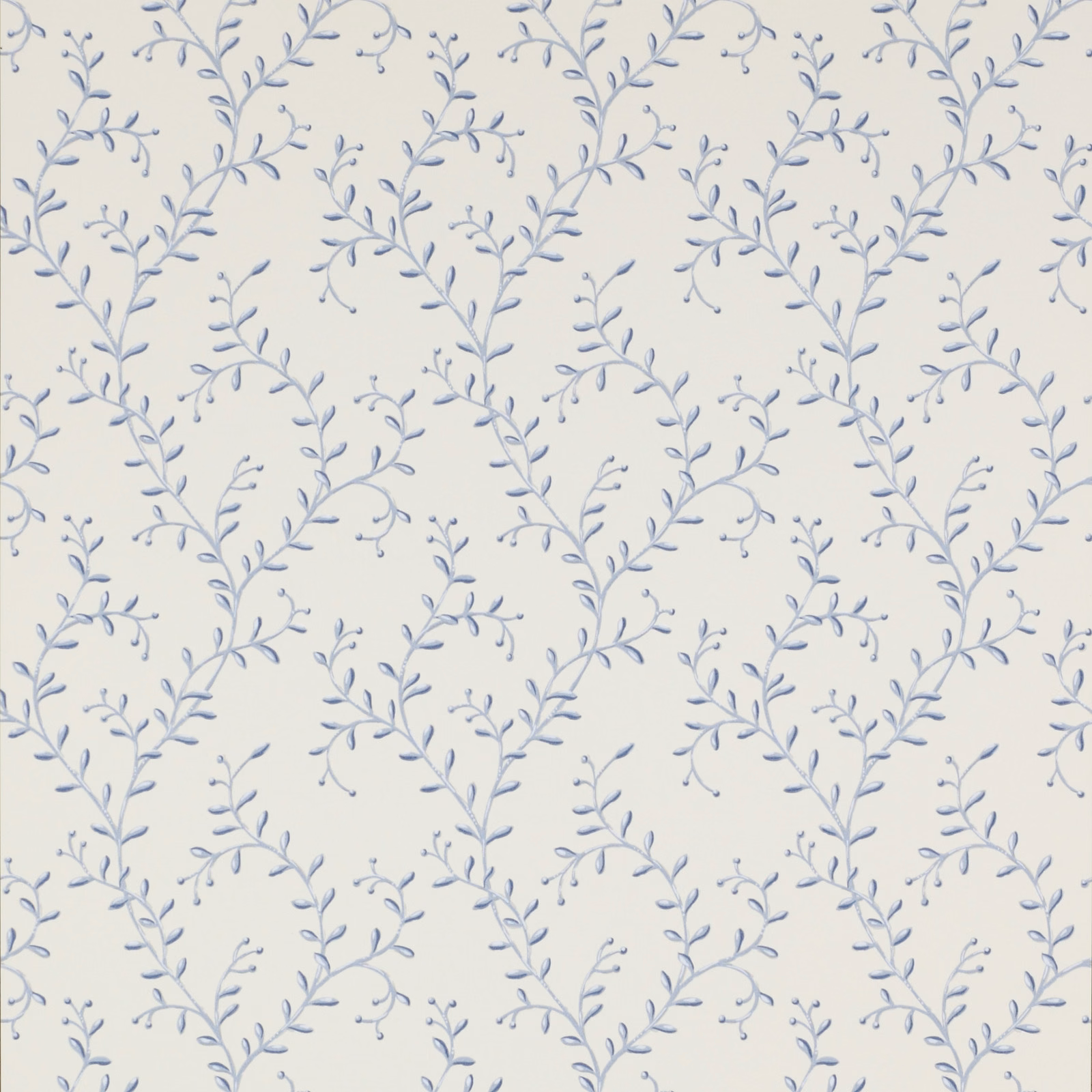 Powder-blue leafy sprigs on an ivory paper wallpaper ground