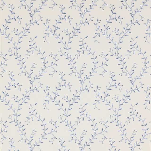 Powder-blue leafy sprigs on an ivory paper wallpaper ground