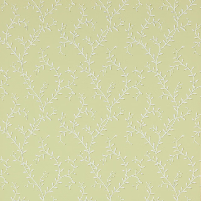 Pale leaf-green wallpaper with delicate white branching botanical vines