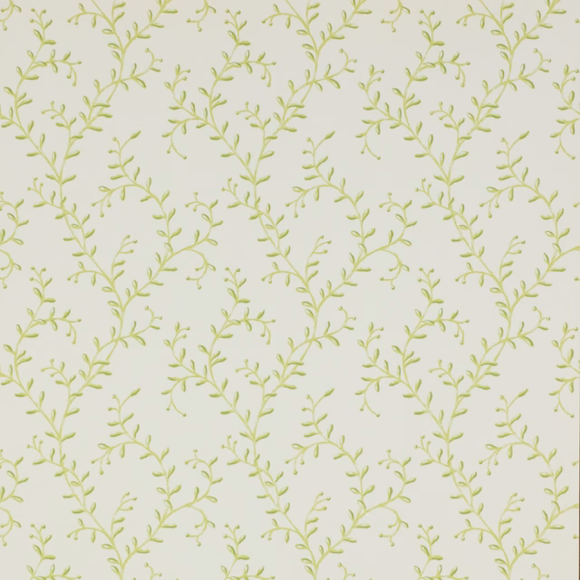 Ivory wallpaper with delicate pale green leafy sprigs in a small botanical repeat