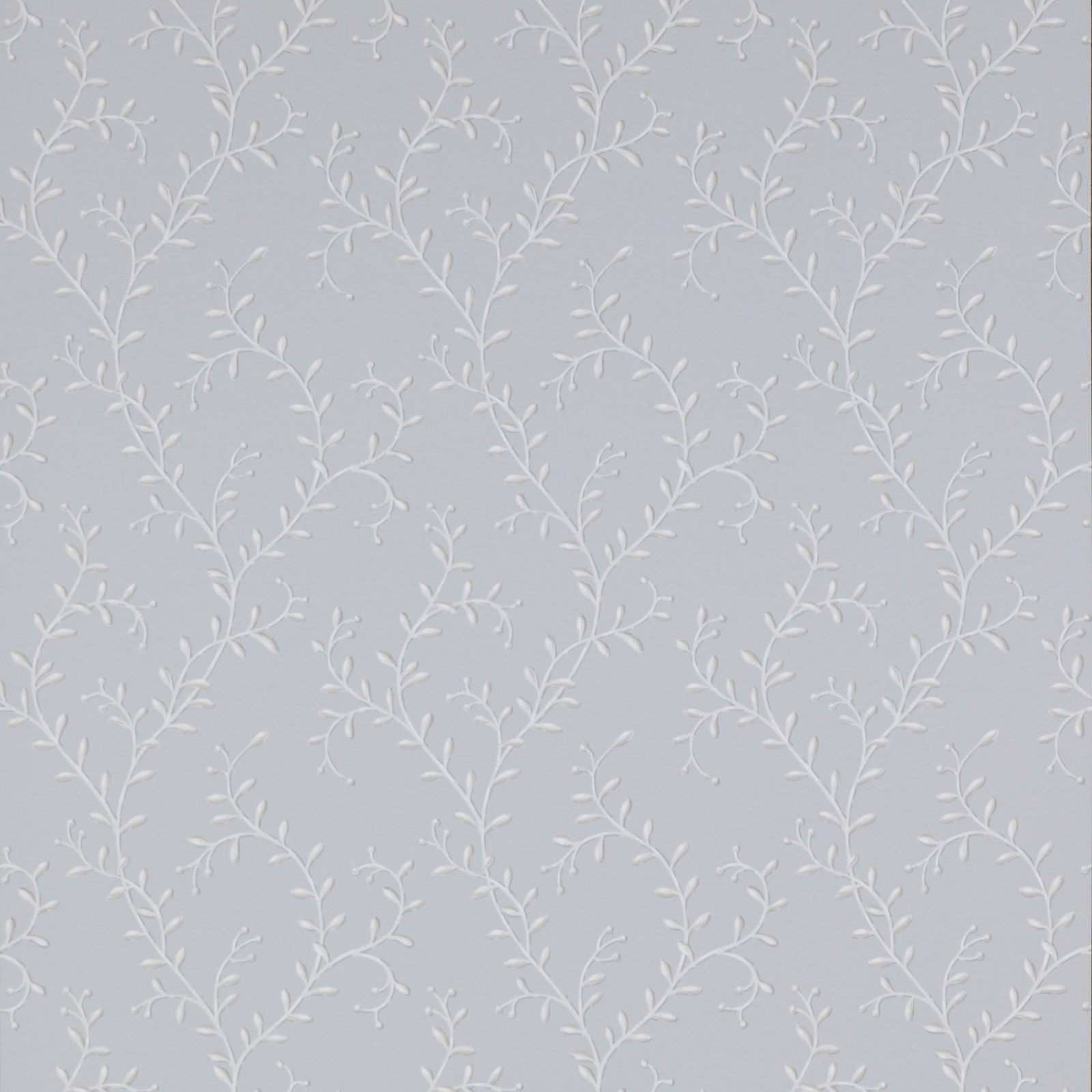 Cool blue-grey wallpaper with fine ivory leafy vines in a small-scale repeat