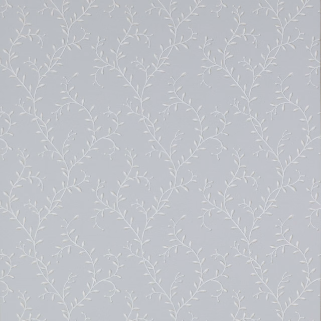 Cool blue-grey wallpaper with fine ivory leafy vines in a small-scale repeat