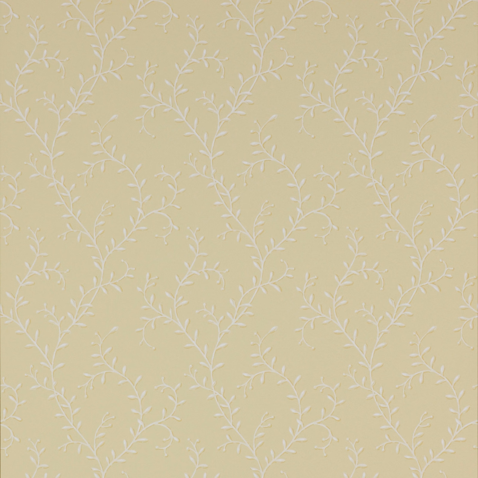 Pale yellow wallpaper with delicate white branching leaves in a small repeat