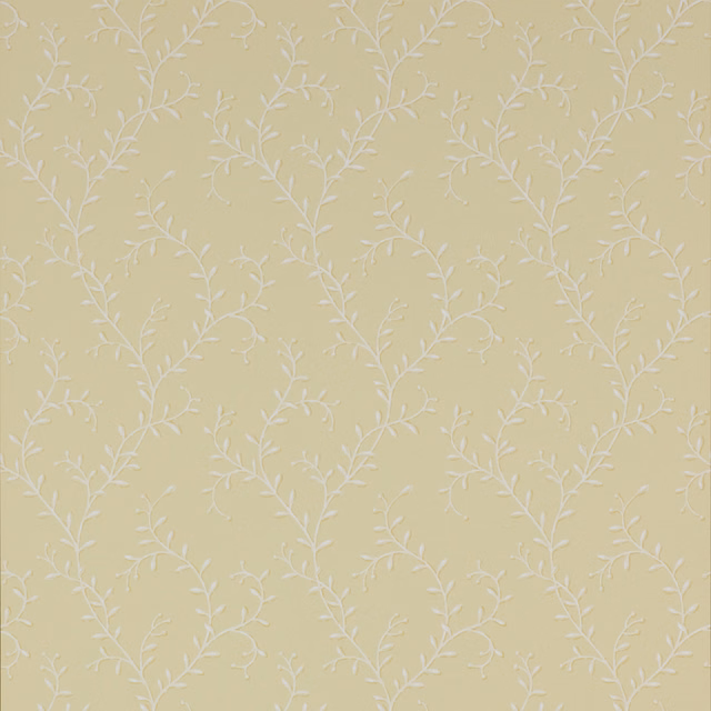 Pale yellow wallpaper with delicate white branching leaves in a small repeat