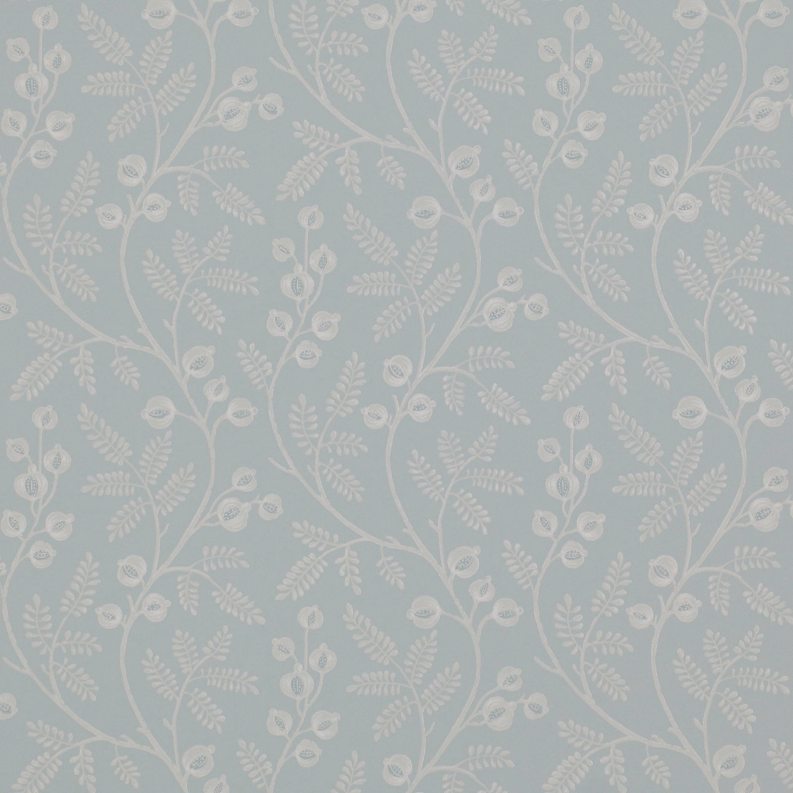 Muted aqua wallpaper with pale cream vines, fern sprays and rounded blossoms