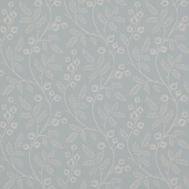 Muted aqua wallpaper with pale cream vines, fern sprays and rounded blossoms